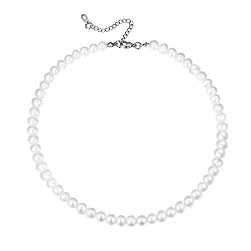 U7 Perlenkette Damen Choker Collier Süßwasser-Zuchtperlen Weiß Halskette Elegante Perlenkette Charm 45+5cm Schlüsselbein Kette Necklace Modeschmuck Accessoire für Hochzeit Verlobung 04: Weiß-45cm von U7