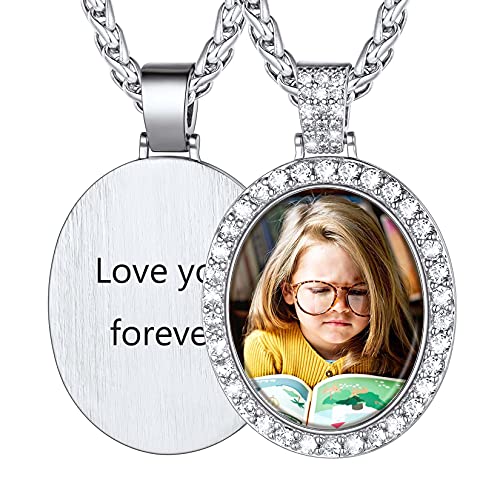 U7 Damen personalisiert Foto Kette Zirkonia Iced Oval Anhänger mit Edelstahl Weizenkette DIY Bilder Souvenir Andenken Modeschmuck Accessoire für Jahrestag Geburtstag von U7