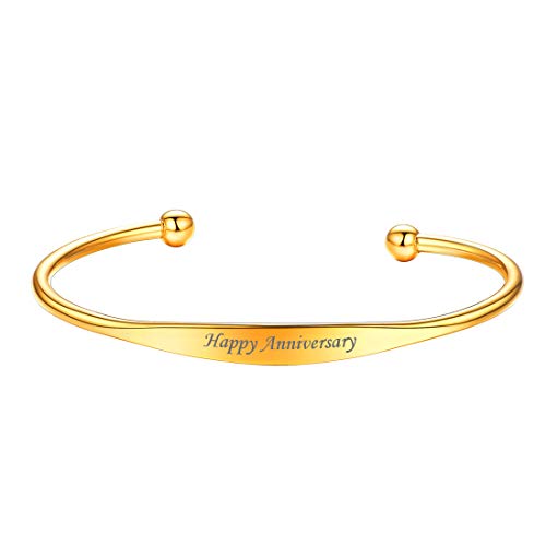 U7 Damen personalisiert ID-Armband 18k vergoldet verstellbar Name Texte Gravur Armspange mit Kugel am Ende simpel Frauen Offener Armreif Armschmuck für Geburtstag Valentinstag von U7