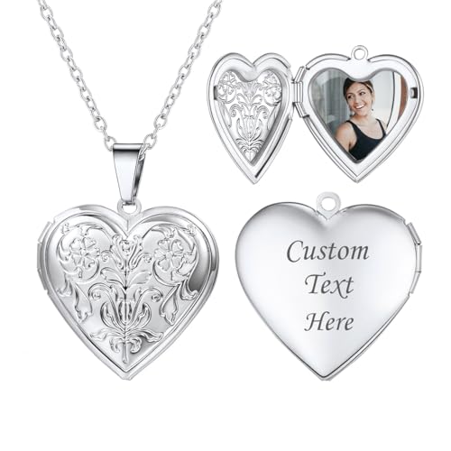 U7 Damen Anhänger Herz Medaillon zum Öffnen Blumen Muster Photo Bilder Weißgold Amulett Souvenir Halskette Custom Locket Fotokette Modeschmuck für Frauen Mädchen Muttertag von U7