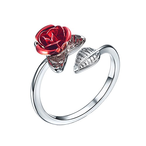 U7 Damen Statement Ring Weißgold überzogen Rote Roseblumen verstellbar Ring Frauen Mädchen offener Ring Modeschmuck Geschenk für Jahrestag Valentinstag, Silber von U7