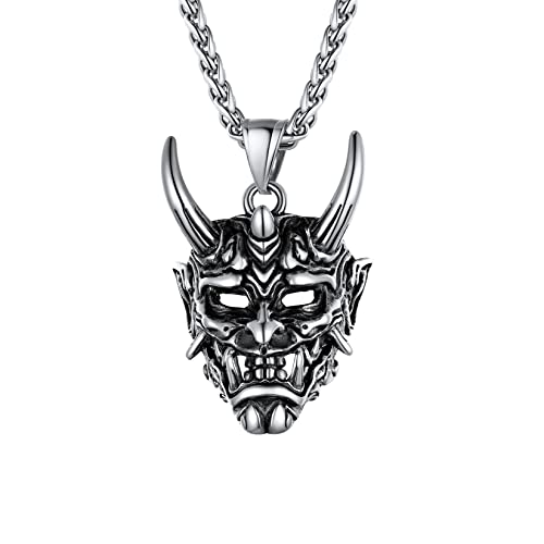 U7 Herren Japanischer Maske Halskette Edelstahl Biker Gotik Dämon Samurai Prajna Anhänger mit 55+5cm Weizenkette Modeschmuck Hip hop Punk Schmuck für Männer Vater Halloween von U7