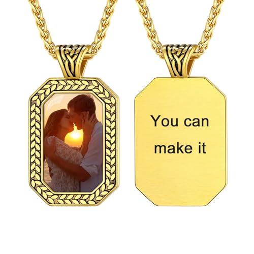 U7 Dog Tags Photo Necklace Mens Herren Achteck Anhänger Halskette mit Foto Olivenblatt Goldkette mit Gravur Bilder Kettenanhänger Custom Olive Leaf Memorial Personalisiert Modeschmuck für Muttertag von U7