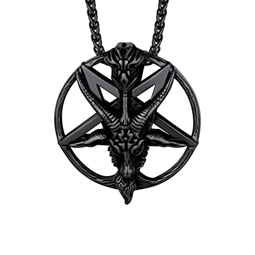 U7 Drudenfuß Siegel mit Baphomet für Herren Damen Schwarz Satanischer Ziegenkopf Anhänger Halskette Amulett Kette Modeschmuck Accessoire Glückbringer von U7