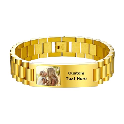 U7 Edelstahl Armband Herren Fotoarmband Custom Goldarmband Gravur Text Gliederarmband Armbänder Cuban Link Chain Photo Bracelets Men Wickelarmband Armschmuck Personalisiert Modeschmuck für Bruder von U7