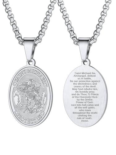 U7 Edelstahl Erzengel Michael Anhänger Halskette Oval Medaille mit 60cm Venezianierkette St. Michael Pendant Necklace Schutz Amulett Modeschmuck für Freund Ehemann von U7