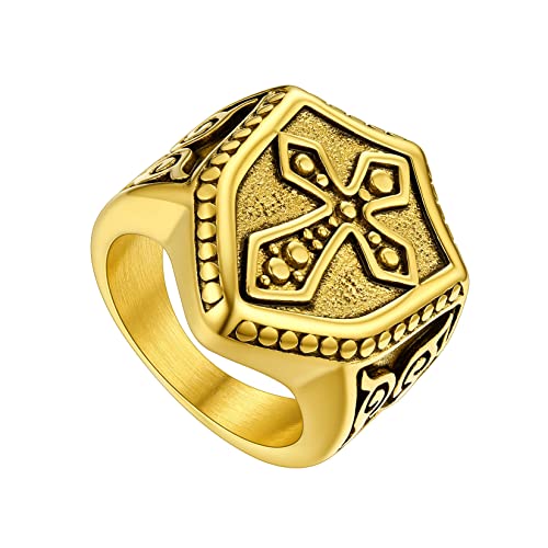 U7 Edelstahl Fingerring Punk Stil Tempelritter Ring Gotik Großer Ring Wikinger 18k vergoldet Casual Schild Kreuz Statement Ring Street Style Modeschmuck für Männer(Ring Größe 67) von U7