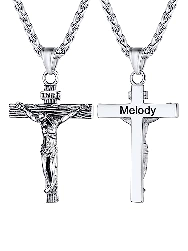 U7 Edelstahl Kreuz Halskette INRI Kruzifix Jesus Christus Anhänger Personalisierte Herren Name Vorname Gravur Modeschmuck 55cm Weizenkette Accessoire für Männer, Silber von U7