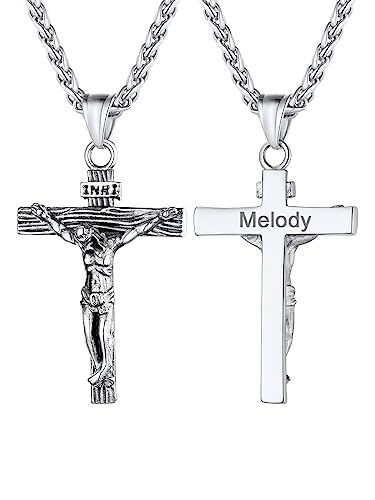 U7 Edelstahl Kreuz Halskette INRI Kruzifix Jesus Christus Anhänger Personalisierte Herren Name Vorname Gravur Modeschmuck 55cm Weizenkette Accessoire für Männer, Silber von U7
