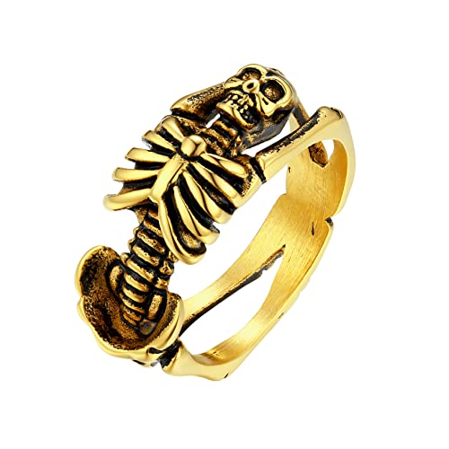 U7 Edelstahl Menschliches Skelett Schädel Ring 18k vergoldet Herren Gotik Punk Statement Ring Großer Totenschädel Fingerring Modeschmuck Accessoire für Männer Jungen(Ring Größe 72) von U7