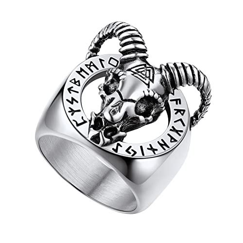 U7 Edelstahl Schädel Ziegenkopf Ring Wikinger Silberring Herren Biker Statement Ring Viking Rune Loon Großer Fingerring Modeschmuck Accessoire für Männer Jungen(Ring Größe 72) von U7