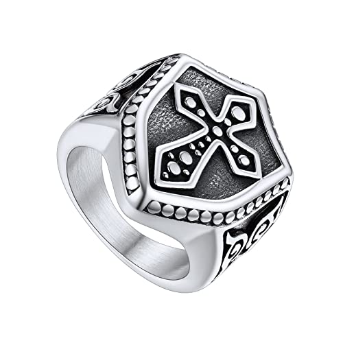 U7 Edelstahl Tempelritter Kreuz Schild Ring Wikinger Silberring Herren Biker Statement Ring Großer Fingerring Modeschmuck Accessoire für Männer Jungen(Ring Größe 72) von U7