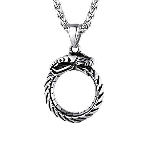 U7 Edelstahl Wikinger Symbol Ouroboros Halskette Schlange Anhänger + Weizenkette Nordische Drachen Modeschmuck Accessoire für Motorradfahrer von U7