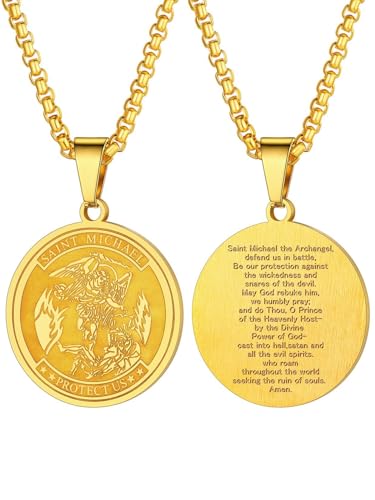 U7 Erzengel Michael Medaille Halskette 18k vergoldet Runde Anhänger mit 55+5cm Venezianierkette Schutz Patron Heilige Michael Modeschmuck Accessoire für Geburtstag von U7