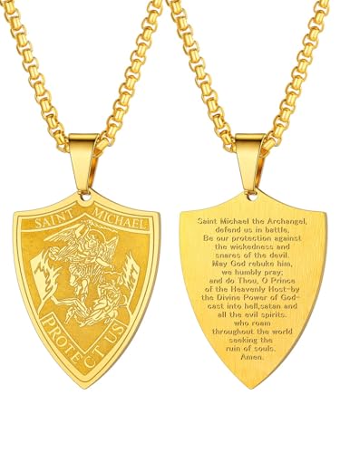 U7 Erzengel Michael Medaille Halskette 18k vergoldet Schild Form Anhänger mit 55+5cm Venezianierkette Schutz Patron Heilige Michael Modeschmuck Accessoire für Geburtstag von U7