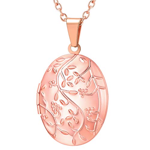 U7 Damen Oval Medaillon Retro Blumen Zweig Medaillon zum Öffnen für Bilder Foto Rosegold Halskette Anhänger Amulett Souvenir Freundschaftskette Kettenanhänger Mode Schmuck für Vatertag von U7