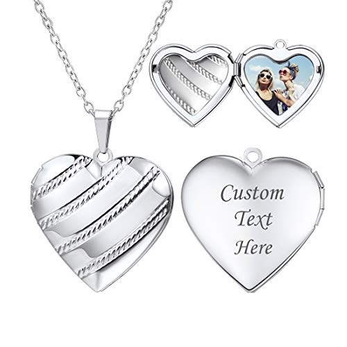 U7 Foto Halskette personalisiert Streifen Herz Anhänger zum Öffnen mit 55cm Rolokette platiniert Name Gravur Herz Medaillon Photo Bild Amulett Modeschmuck für Valentinstag Weihnachten von U7