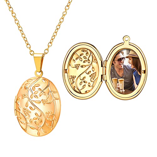 U7 18k vergoldet Custom Blumen Zweig Oval Medaillons für Damen Retro Medaillon zum Öffnen für Bilder Foto Halskette Anhänger Amulett Souvenir Freundschaftskette Kettenanhänger Schmuck für Muttertag von U7