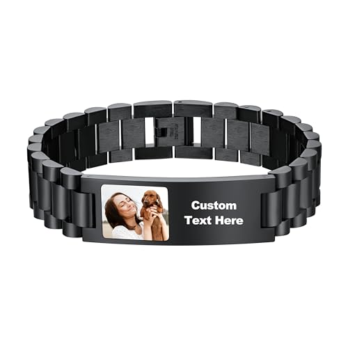 U7 Fotoarmband für Herren Custom Schwarz Armband Gravur Text Edelstahl Gliederarmband Armbänder Cuban Link Chain Photo Bracelets Men Wristband Armschmuck Personalisiert Modeschmuck für Father von U7