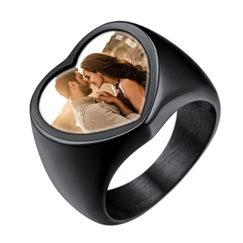 U7 Fotoring personalsierter Bild Siegelring schwarz Edelstahl benutzerdefinierter Herz Ring mit Farbbild/Schwarzes Bild Damen Herren Souvenir Andenken Modeschmuck Accessoire von U7