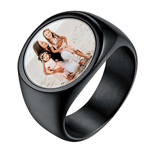 U7 Fotoring personalsierter Bild Siegelring schwarz Edelstahl benutzerdefinierter Oval Ring mit Farbbild/Schwarzes Bild Damen Herren Souvenir Andenken Modeschmuck Accessoire von U7