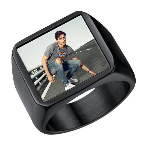 U7 Fotoring personalsierter Bild Siegelring schwarz Edelstahl benutzerdefinierter Quadrat Ring mit Farbbild/Schwarzes Bild Damen Herren Souvenir Andenken Modeschmuck Accessoire von U7