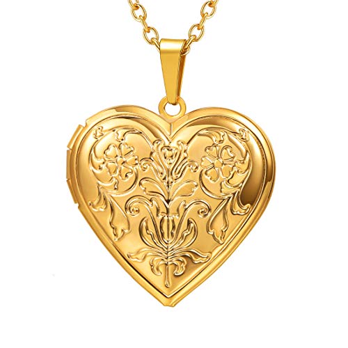 U7 Frauen Mädchen Halskette Blumen Muster Herz Anhänger zum Öffnen mit 50+5cm Kette Gelbgold Herz Medaillon Photo Bilder Amulett Charm Personalisiert Modeschmuck für Valentinstag Weihnacht von U7