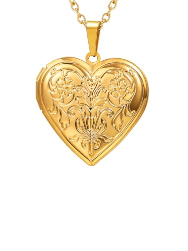 U7 Frauen Mädchen Halskette Blumen Muster Herz Anhänger zum Öffnen mit 50+5cm Kette Gelbgold Herz Medaillon Photo Bilder Amulett Charm Personalisiert Modeschmuck für Valentinstag Weihnacht von U7