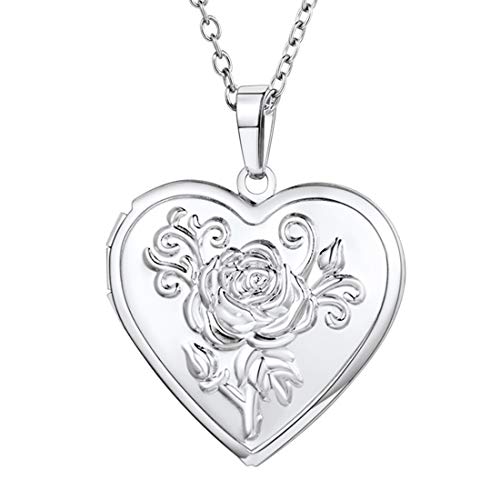 U7 Rosa Blumen Herz Anhänger Custom Halskette für Damen Mädchen Weißgold Herz Medaillon zum Öffnen Foto Bilder Amulett Vintage Locket Herzanhänger Charm Modeschmuck für Geburtstag Vatertag von U7