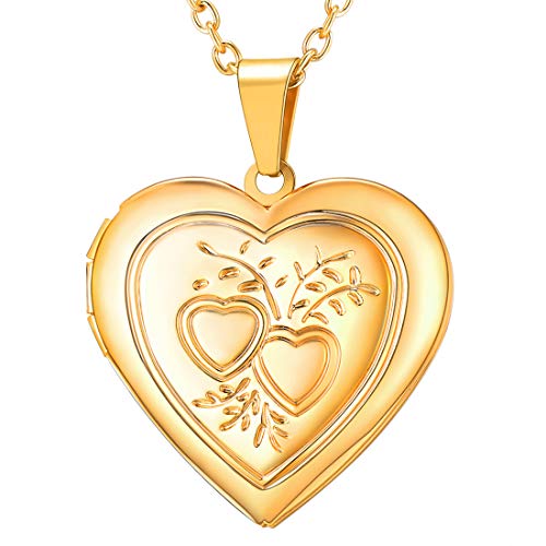 U7 Herz Medaillon zum Öffnen mit 50+5cm Rolokette 18K Vergoldet Photo Bilder Amulett Doppel Herzen Reliefgravierung Anhänger Halskette Modeschmuck für Damen Mädchen Mutter von U7