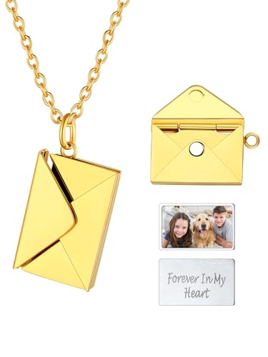 U7 Gold Kette Mädchen Halskette Briefumschlag Liebesbrief Umschlag Kette Foto Medaillon zum Öffnen mit Bild Anhänger Kette Gravur Fotokette Envelope Locket Kette Liebeskette Modeschmuck für Freunde von U7