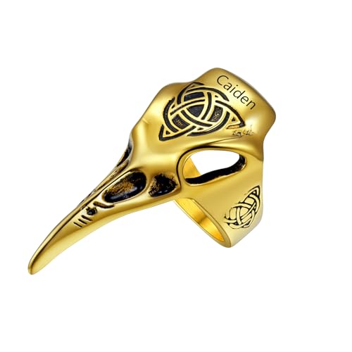 U7 Gold Ring für Herren Jungen Wikinger Odin Rabe Ring Gravur Namenring Edelstahl Vintage Crow Totenkopf Ring Biker Statement Ring Bandring Großer Fingerring Punk Accessoire Schmuck für Jahrestag von U7