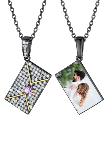 U7 Halskette Damen Umschlag Kette Medaillon mit Bild Geburtsstein Liebesbrief Fotokette CZ Envelope Locket Schwarz Kette Umschlag Anhänger Memorial Umschlagkette Briefumschlag Schmuck für Freundin von U7