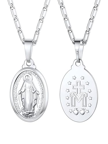 U7 Jungfrau Maria Kette für Damen Oval Anhänger Halskette mit der wundertätigen Medaille Gottesmutter Maria Kettenanhänger Messing Amulett Religiöse Collier Heilige Medaille Schmuck für Jahrestag von U7