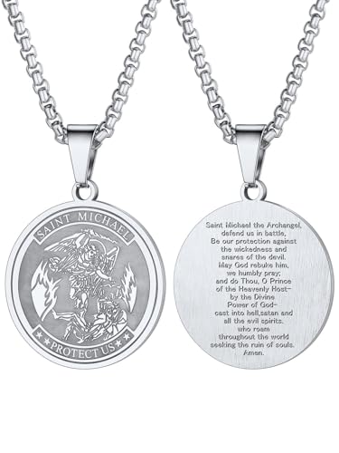 U7 Heiliger Michael Anhänger Halskette Edelstahl Runde Medaille mit 3mm/55+5cm Venezianierkette Schutzpatron Erzengel Michael Modeschmuck Accessoire für Männer von U7