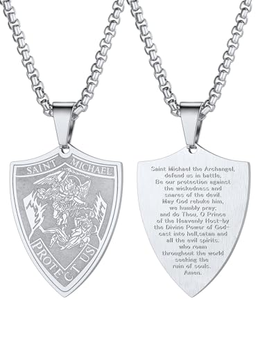 U7 Heiliger Michael Anhänger Halskette Edelstahl Schild Form Medaille mit 3mm/55+5cm Venezianierkette Schutzpatron Erzengel Michael Modeschmuck Accessoire für Männer von U7