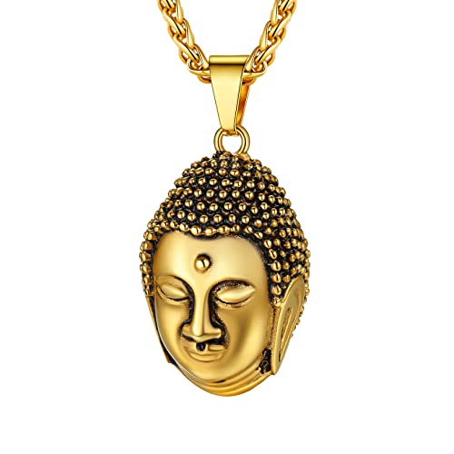 U7 Herren 18k vergoldet 3D Buddhastatue Anhänger mit 55+5cm Weizenkette Vintage Buddha Kopf Halskette Buddhismus Amulett Talisman Modeschmuck Accessoire von U7