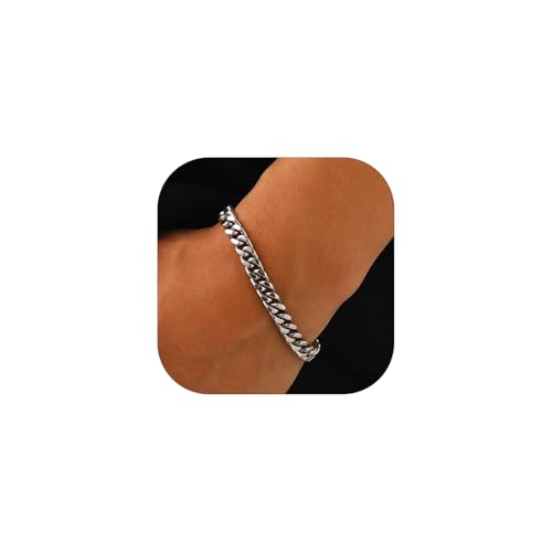 U7 Armband Panzerkette Silber Herren 7mm breit Edelstahl Miami Armkette schwer Gliederarmband Cuban Link Bracelet Länge 19cm, Silber, Rock Rapper Modeschmuck für Freund Vater Ehemann Opa Bruder von U7