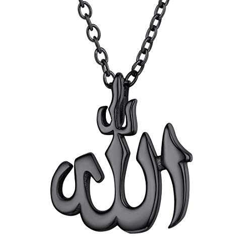 U7 Herren Damen Islamic Muslim Allah Anhänger Halskette schwarz Edelstahl Arabischer Gott Charms mit 50+5cm Rolokette Amulette Modeschmuck von U7