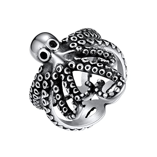U7 Herren Edelstahl Fingerring Punk Silber Deep Sea Tentakel-Ring Vintage Siegelring mit acht bärtigen Boho Statement Ring Hip Hop Street Style Modeschmuck für Männer(Ring Größe 67.5) von U7