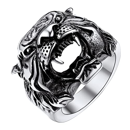 U7 Herren Edelstahl Fingerring Punk Stil Tigerskopf Ring Vintage Tribal Großer Ring Tiger Statement Ring Hip Hop Street Style Modeschmuck für Männer(Ring Größe 67) von U7