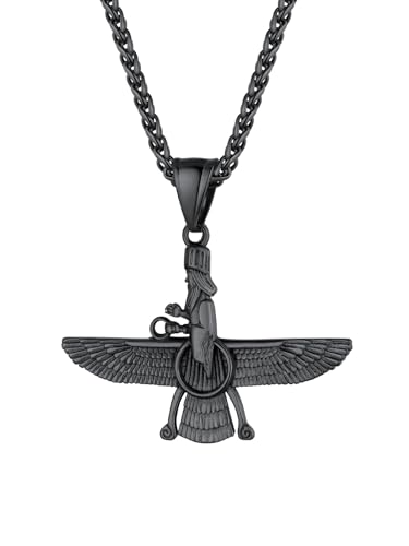 U7 Schmuck Herren Kette mit Anhänger Faravahar Kette Schwarz Halskette Edelstahl Iran Perser Farohar Anhänger Amulett Forouhar Anhänger mit 3mm Weizenkette Zoroastrismus Modeschmuck für Bruder von U7