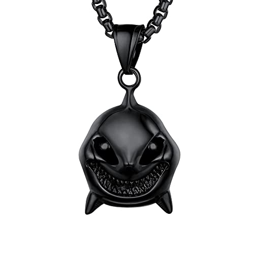 U7 Herren Haifisch Maske Kette schwarz Edelstahl lächelnde Ozean Tier Hai Fisch Anhänger mit 2mm/50+5cm Venezianierkette Cool Punk Modeschmuck Accessoire von U7