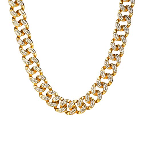 U7 Herren Halskette 18k Gelbgold überzogen Iced Out Kette Collier 14mm breit Panzerkette Kubanische Halskette 71cm Trendig Hip Hop Rapper Sänger Modeschmuck, gold von U7