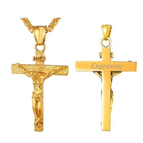 U7 Herren Halskette 18k vergoldet INRI Kruzifix Jesus Christus Anhänger mit 50+5cm Kette Personalisierte Name Vorname Gravur Kreuz Modeschmuck Accessoire für Männer, Gold von U7