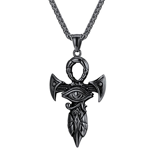U7 Herren Halskette schwarz Edelstahl Ankh Kreuz und Horusauge Anhänger mit 55+5cm Weizenkette Alten Ägypten Religiöser Modeschmuck Accessoire von U7