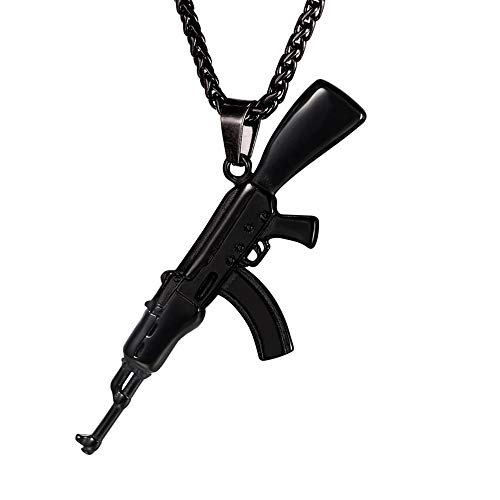 U7 Herren Halskette schwarz Edelstahl Sturmgewehr AK-47 Form Anhänger mit 50+5cm Weizenkette Coole Armee Gewehr Waffe Hip Hop Modeschmuck für Männer Jungen von U7
