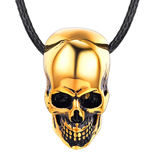 U7 Herren Halskette schwarz Lederkette und 18k vergoldet Totenkopf Anhänger Gotik Schädel Halsband Punk Stil Modeschmuck Accessoire für Biker Rocker(gold) von U7