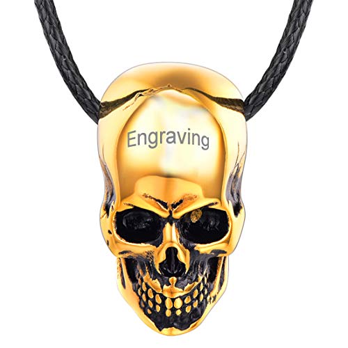 U7 Herren Halskette schwarz Lederkette und 18k vergoldet Totenkopf Anhänger personalisiert Gotik Schädel Halsband Punk Stil Modeschmuck Accessoire für Biker Rocker(gold) von U7