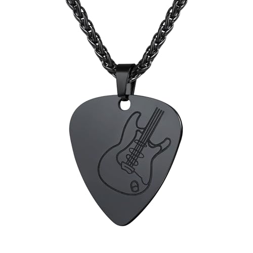 U7 Herren Männer Kette mit Plektron Anhänger Edelstahl Gitarre Deko Plektrum Halskette Schwarzkette Musik Pendant Necklace Kettenanhänger Hip Hop Personalisiert Modeschmuck für Jungen Musikliebhaber von U7